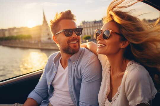 A picture of a man and a woman sitting on a boat. Can be used to depict a romantic outing or leisure activity on the water