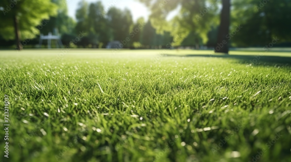 Poster A serene view of a field of grass with trees in the background. Ideal for nature and landscape themes