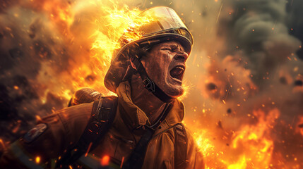 A photo capturing a fireman in mid-scream, his face a mix of anger and despair, with a raging blaze, black smoke, and white foam in the background. Showcasing the desperate struggle against the fire - obrazy, fototapety, plakaty
