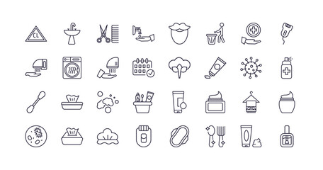 editable outline icons set. thin line icons from hygiene collection. linear icons such as chlorine, grooming, epilator, shower cap, food hygiene, varnish - obrazy, fototapety, plakaty