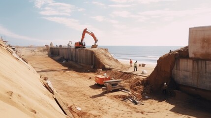 A powerful excavator parked on a sandy beach, near the vast ocean. Ideal for construction and beach-related themes