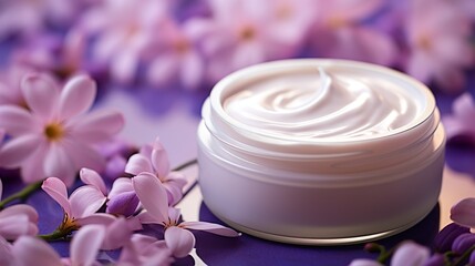 Obraz na płótnie Canvas Cream jar and purple wisteria flowers background.
