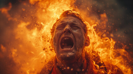 A photo capturing a fireman in mid-scream, his face a mix of anger and despair, with a raging blaze, black smoke, and white foam in the background. Showcasing the desperate struggle against the fire. 