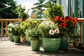 Fototapeta na wymiar A row of potted plants placed on a deck. Perfect for adding a touch of greenery to outdoor spaces