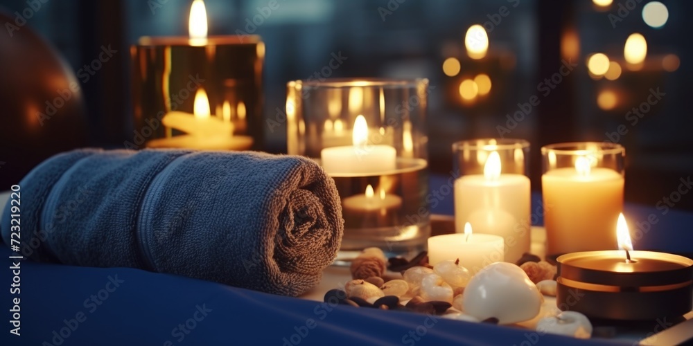 Poster a tray with candles and a towel, perfect for creating a cozy and relaxing atmosphere. can be used fo
