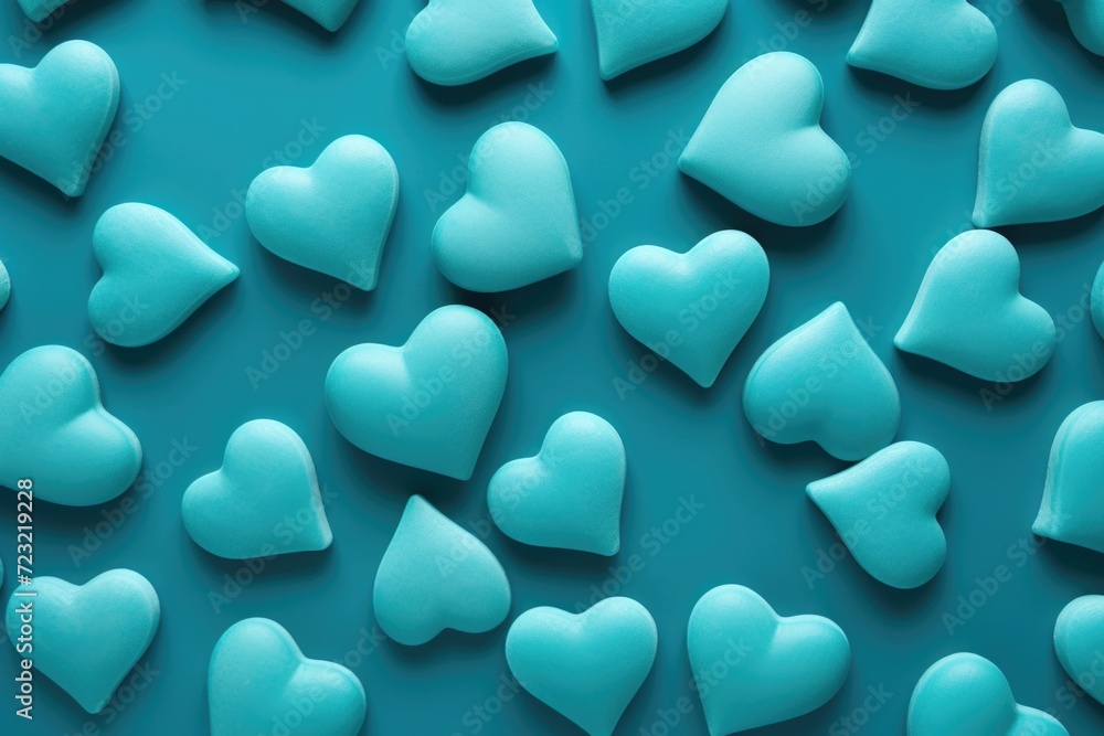 Poster a collection of blue hearts displayed on a smooth blue surface. suitable for expressing love, affect