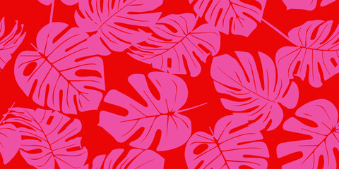 Monstera leaf seamless pattern, hand drawn tropical botanical, spring and Summer time, flat style, natural ornaments for textile, fabric, wallpaper, background. Vector illustration.