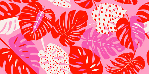 Monstera leaf seamless pattern, hand drawn tropical botanical, spring and Summer time, flat style, natural ornaments for textile, fabric, wallpaper, background. Vector illustration. © Udomdech