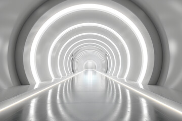Obraz premium White Background 3D Room with Light, an Abstract Space Technology Tunnel Stage Floor. An Empty White Futuristic Neon Background Studio, Evoking Modern Interior Design and Futuristic Corridor Render.