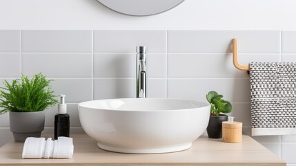 Fototapeta na wymiar Modern minimalist bathroom interior with white square vessel sink and sleek chrome faucet