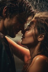 A romantic moment captured as a man and a woman share a passionate kiss in the rain. This image can be used to depict love, affection, romance, or a rainy day romance