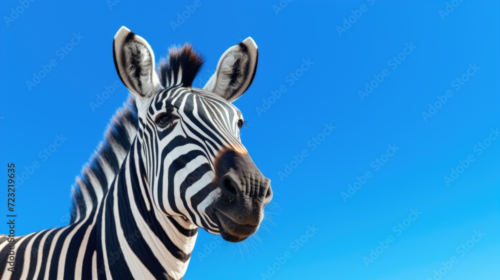Poster a detailed view of a zebra's face with its distinctive black and white stripes, set against a vibran