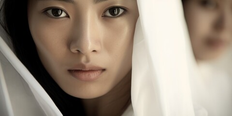 A woman with a veil covering her face. Can be used to represent mystery, anonymity, or cultural traditions