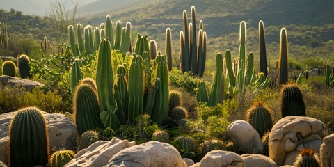 Serene desert landscape at sunrise with cacti and rocks. nature's tranquility captured. perfect for backgrounds and travel themes. AI