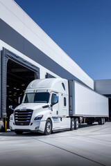 The truck is parked on the loading dock of an industrial warehouse, where many trucks with semi-trailers load goods - obrazy, fototapety, plakaty
