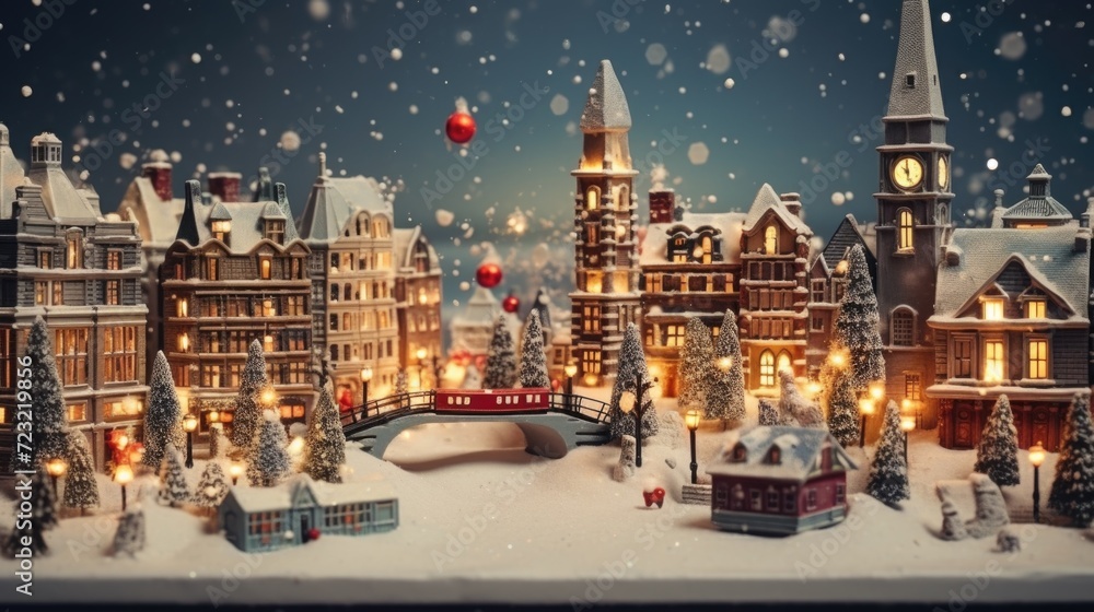 Wall mural A charming Christmas village with a central clock tower. Perfect for holiday-themed designs and festive promotions