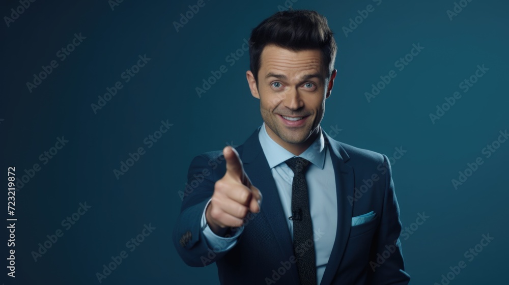 Poster a professional man in a suit pointing directly at the camera. suitable for business and corporate co