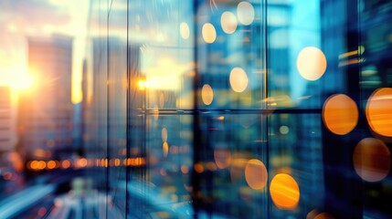 Reflection of tall buildings in a glass window with lights at dusk.