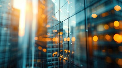 Reflection of tall buildings in a glass window with lights at dusk.