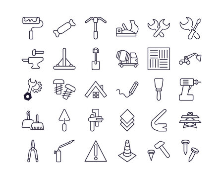 editable outline icons set. thin line icons from construction tools collection. linear icons such as paint roller, gardening digger, garage screwdriver, clipper, traffic cone, nail