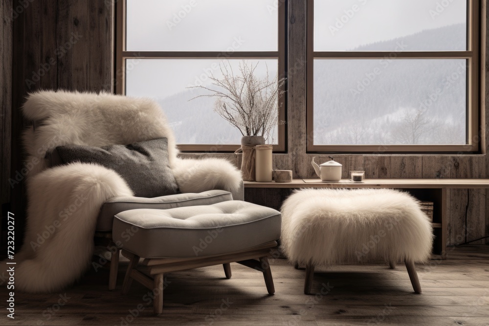 Poster A chair and ottoman placed in front of a window. Perfect for creating a cozy reading nook or adding a touch of elegance to any room