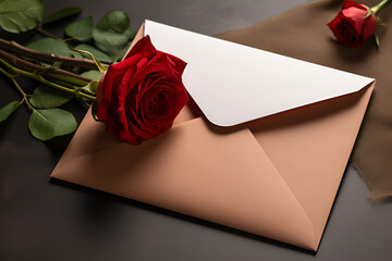 red rose and envelope with copy space, mockup - obrazy, fototapety, plakaty