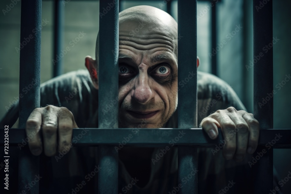 Poster a man is seen looking out from behind the bars of a jail cell. this image can be used to depict impr