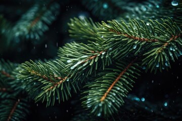 A detailed view of a pine tree branch covered in raindrops. This image captures the serene beauty of nature after a rainfall. Ideal for nature-themed designs and projects