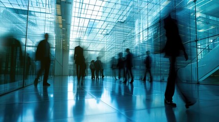 Silhouettes of busy people walking through a glass-walled corridor in a contemporary office building during evening hours.