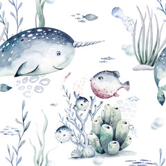 Watercolor seamless pattern with underwater world Bright fish, whale, shark dolphin starfish animals. Jellyfish seashells. Sea and ocean fish life background - 723220492