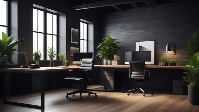 Dark modern interior of work space with computer,desk, plants in loft style 