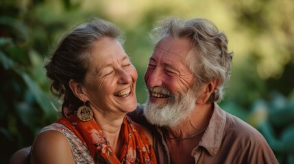 A senior couple shares a close and hearty laugh together, surrounded by greenery.