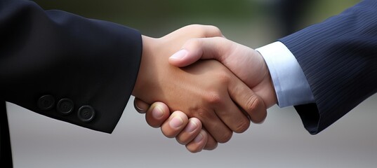 Obraz premium Close up of business people negotiating a contract and shaking hands in agreement