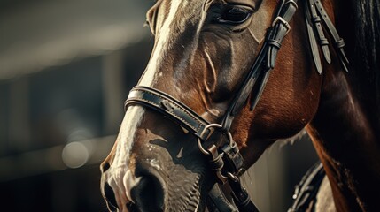 A detailed close-up view of a horse wearing a bridle. This image can be used for various purposes, such as equestrian events, horse training, or equine-related publications - obrazy, fototapety, plakaty