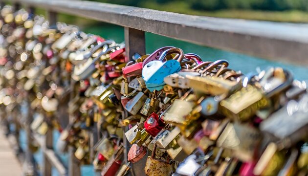 ideal for valentine s day and romantic designs this photo portrays numerous love locks symbolizing eternal love on a bridge copy space image place for adding text or design