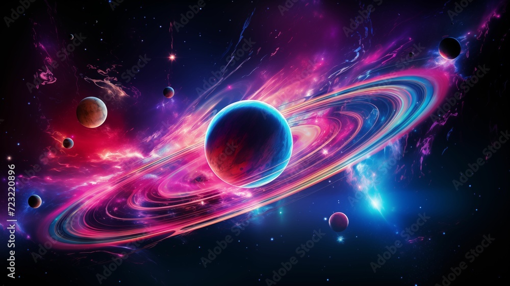 Wall mural cosmic journey with a captivating laser planet neon in space background.