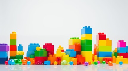 Naklejka premium Colorful toy building blocks on a white background.