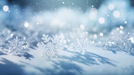 Obraz na płótnie Canvas Glistening snowflakes and sparkling Christmas lights on a snowy backdrop with acrylic gems.