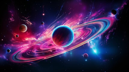 Cosmic journey with a captivating laser planet neon in space background.