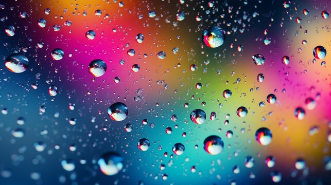 Colorful raindrops on glass with a mesmerizing rainbow bokeh effect.