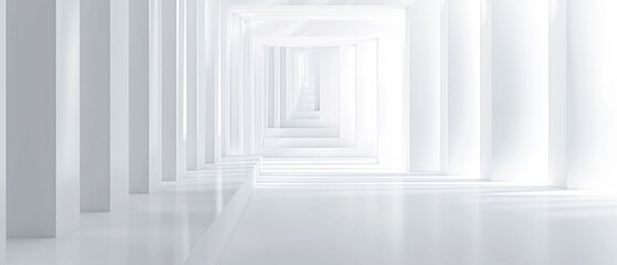 A minimalist white corridor creates an infinite perspective with a series of rectangular frames.