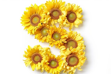 Modern 3d sunflower letter  s  on white background, forming a vibrant floral design.