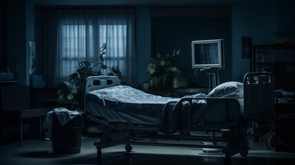Empty hospital bed in the dimly lit environment of a hospital.