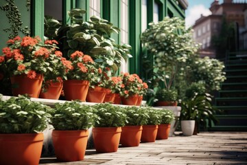 Potted plants arranged in a row on the side of a building. Ideal for adding a touch of greenery to urban environments