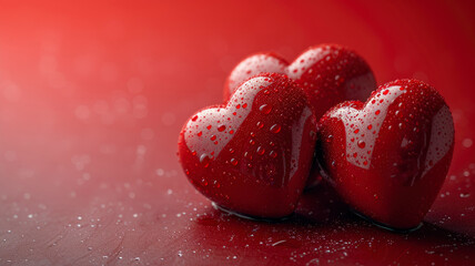 Valentine's Day Love Concept: Reflective Red Hearts with Water Droplets on Bokeh Background - Perfect Pair for Romantic Campaigns, Ai Generated
