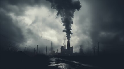 Factory chimney relentlessly spewing black smoke into a bleak and gray sky.