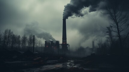 Factory chimney relentlessly spewing black smoke into a bleak and gray sky. - obrazy, fototapety, plakaty