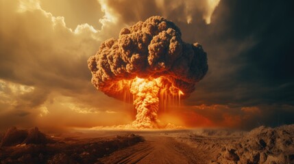 A massive mushroom cloud looms over a dirt road, creating a dramatic and ominous scene. - obrazy, fototapety, plakaty