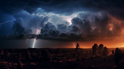 Fiery thunderstorm raging in the night sky.