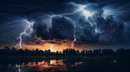 Fiery thunderstorm raging in the night sky. - obrazy, fototapety, plakaty